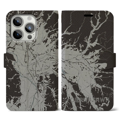 【尾花沢（山形県）】地図柄iPhoneケース（手帳タイプ）モノトーン・iPhone 15 Pro 用