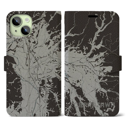 【尾花沢（山形県）】地図柄iPhoneケース（手帳タイプ）モノトーン・iPhone 15 用