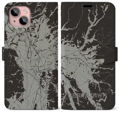 【尾花沢（山形県）】地図柄iPhoneケース（手帳タイプ）モノトーン・iPhone 15 Plus 用