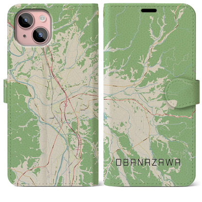 【尾花沢（山形県）】地図柄iPhoneケース（手帳タイプ）ナチュラル・iPhone 15 Plus 用