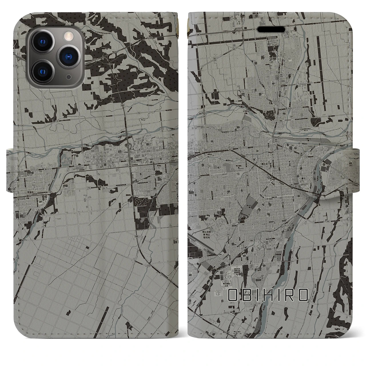 【帯広】地図柄iPhoneケース（手帳両面タイプ・モノトーン）iPhone 11 Pro Max 用
