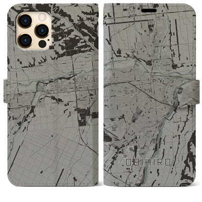 【帯広（北海道）】地図柄iPhoneケース（手帳タイプ）モノトーン・iPhone 12 Pro Max 用