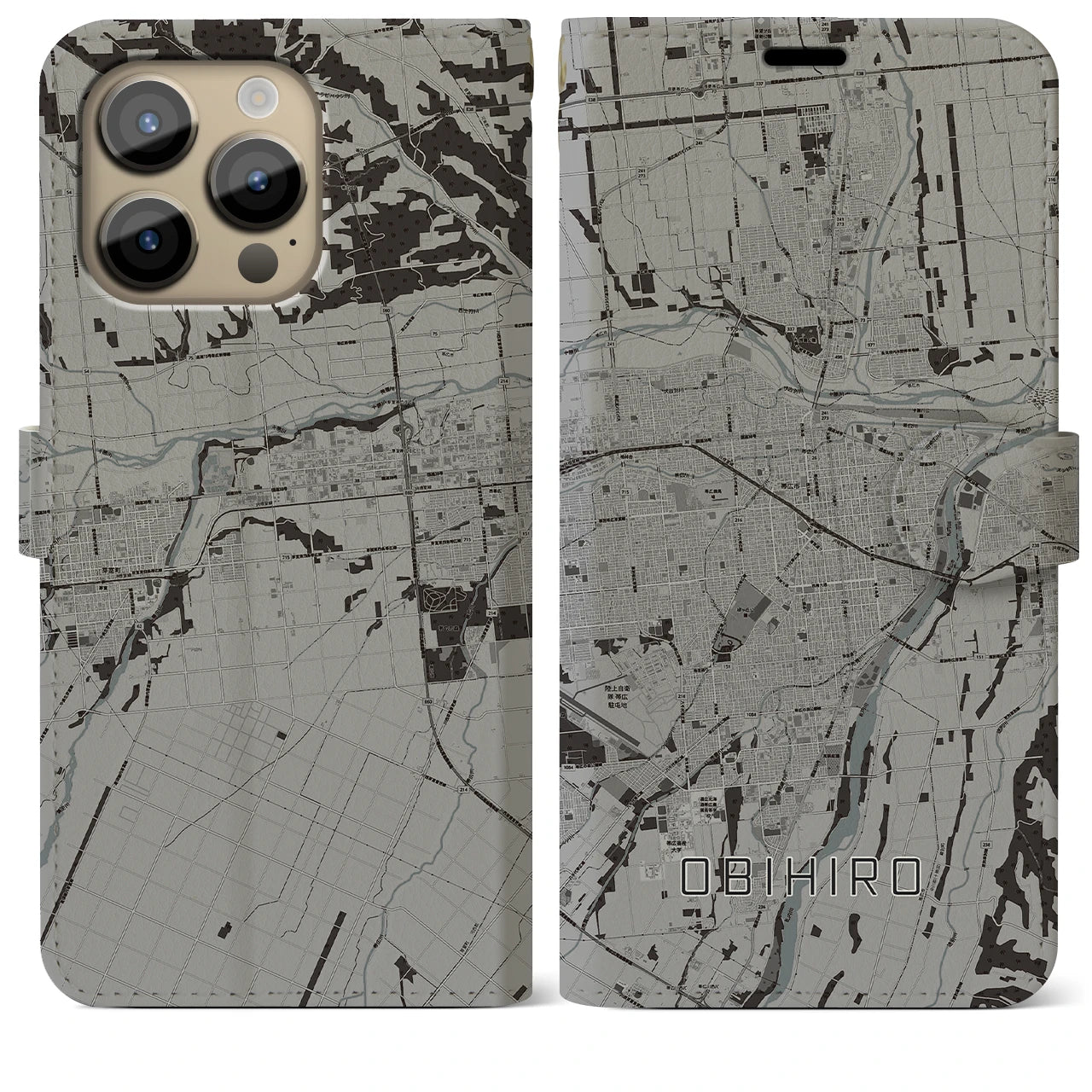 【帯広】地図柄iPhoneケース（手帳両面タイプ・モノトーン）iPhone 14 Pro Max 用