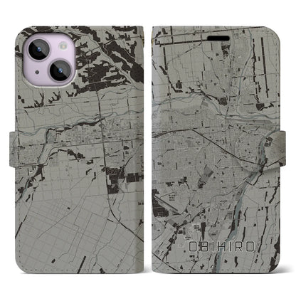 【帯広（北海道）】地図柄iPhoneケース（手帳タイプ）モノトーン・iPhone 14 用