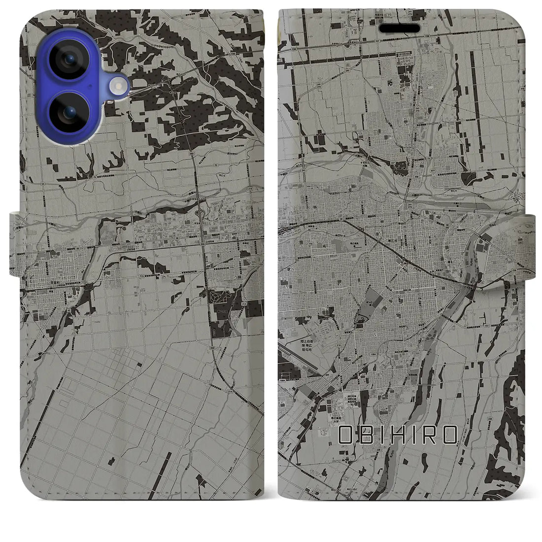 【帯広(北海道)】地図柄iPhoneケース(手帳タイプ)モノトーン・iPhone 16 Pro Max 用