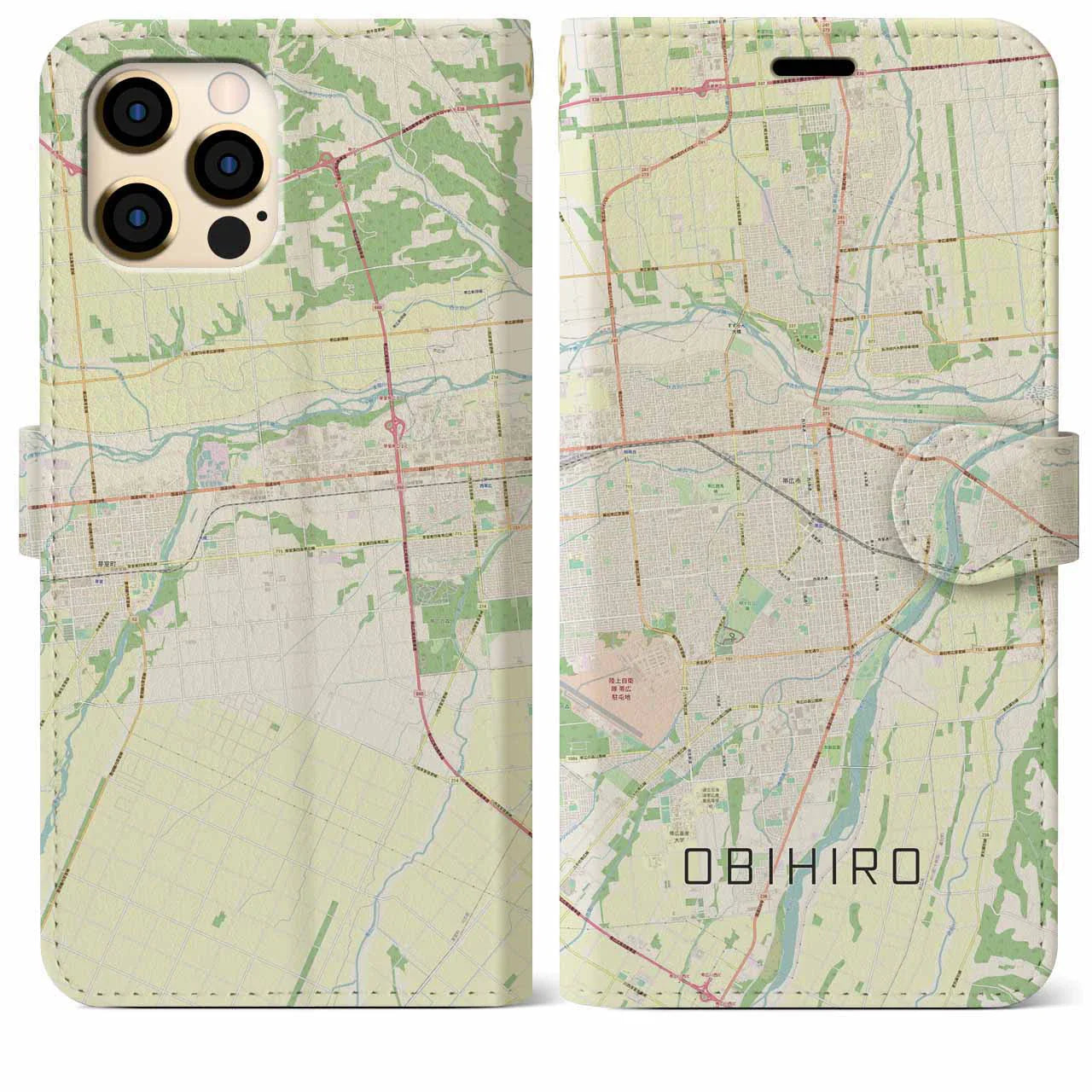 【帯広（北海道）】地図柄iPhoneケース（手帳タイプ）ナチュラル・iPhone 12 Pro Max 用