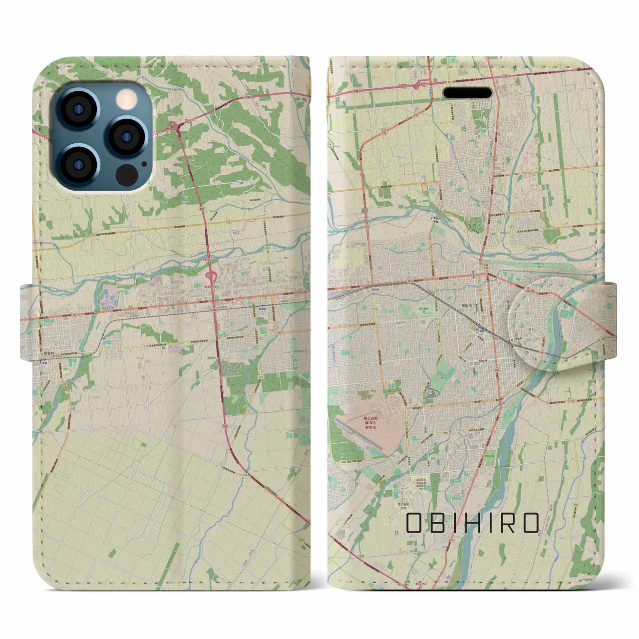 【帯広（北海道）】地図柄iPhoneケース（手帳タイプ）ナチュラル・iPhone 12 / 12 Pro 用