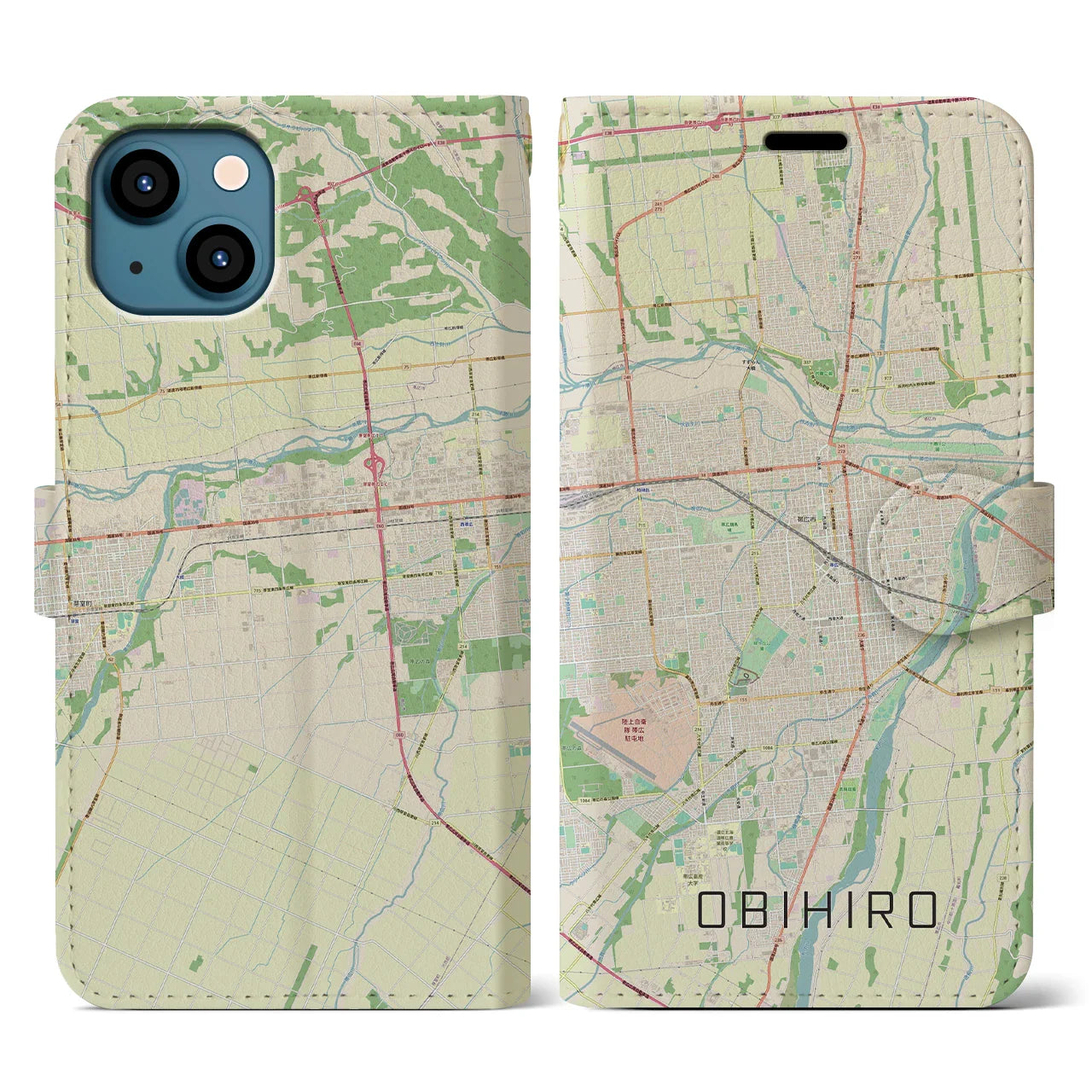 【帯広（北海道）】地図柄iPhoneケース（手帳タイプ）ナチュラル・iPhone 13 用