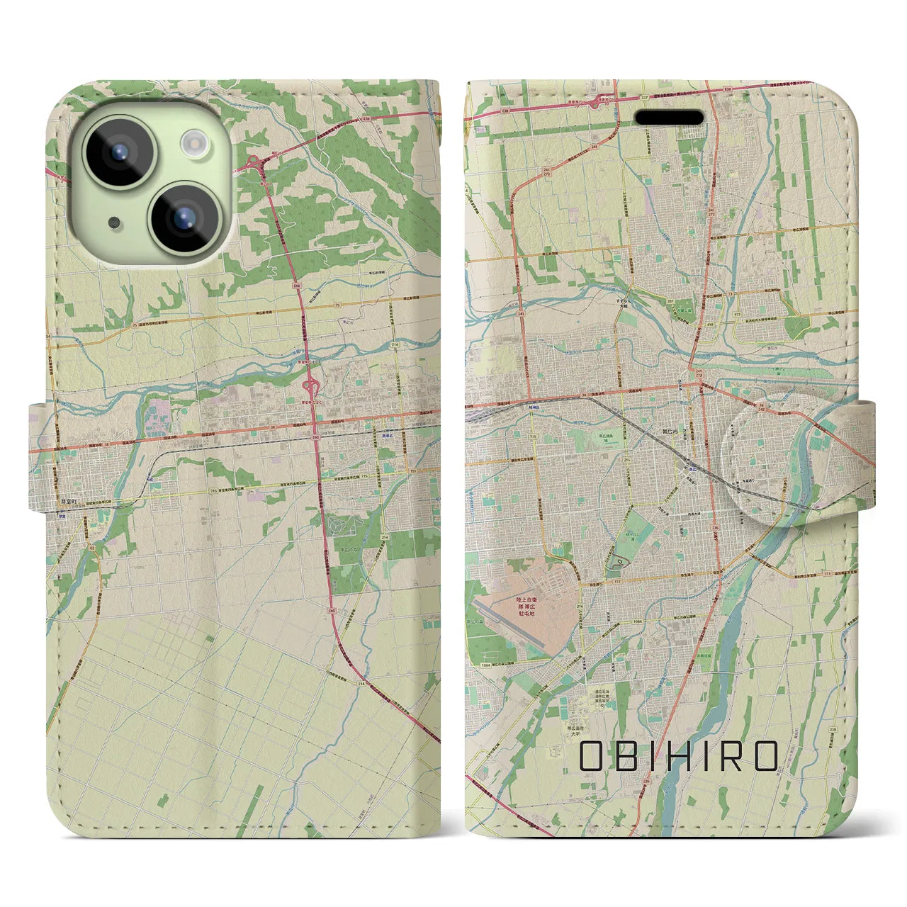 【帯広（北海道）】地図柄iPhoneケース（手帳タイプ）ナチュラル・iPhone 15 用