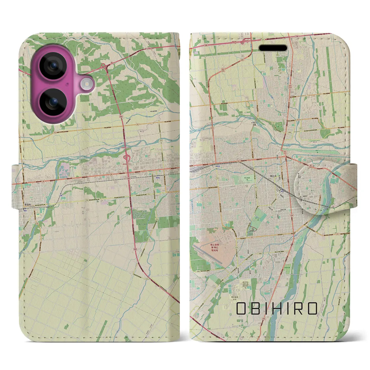 【帯広（北海道）】地図柄iPhoneケース（手帳タイプ）ナチュラル・iPhone 16 Pro 用