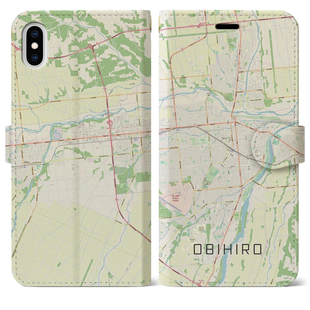 【帯広（北海道）】地図柄iPhoneケース（手帳タイプ）ナチュラル・iPhone XS Max 用