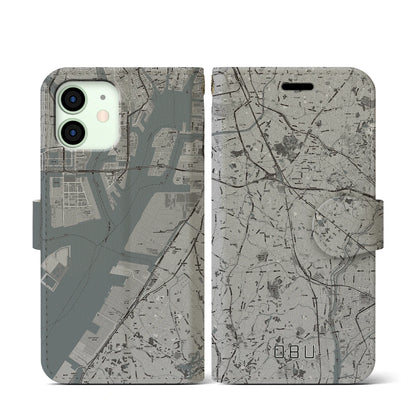 【大府（愛知県）】地図柄iPhoneケース（手帳タイプ）モノトーン・iPhone 12 mini 用