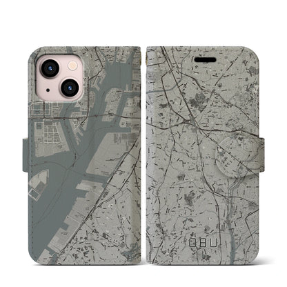 【大府（愛知県）】地図柄iPhoneケース（手帳タイプ）モノトーン・iPhone 13 mini 用