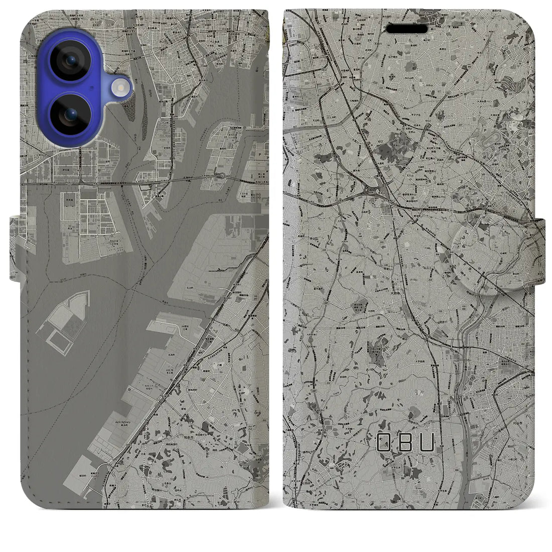 【大府(愛知県)】地図柄iPhoneケース(手帳タイプ)モノトーン・iPhone 16 Pro Max 用