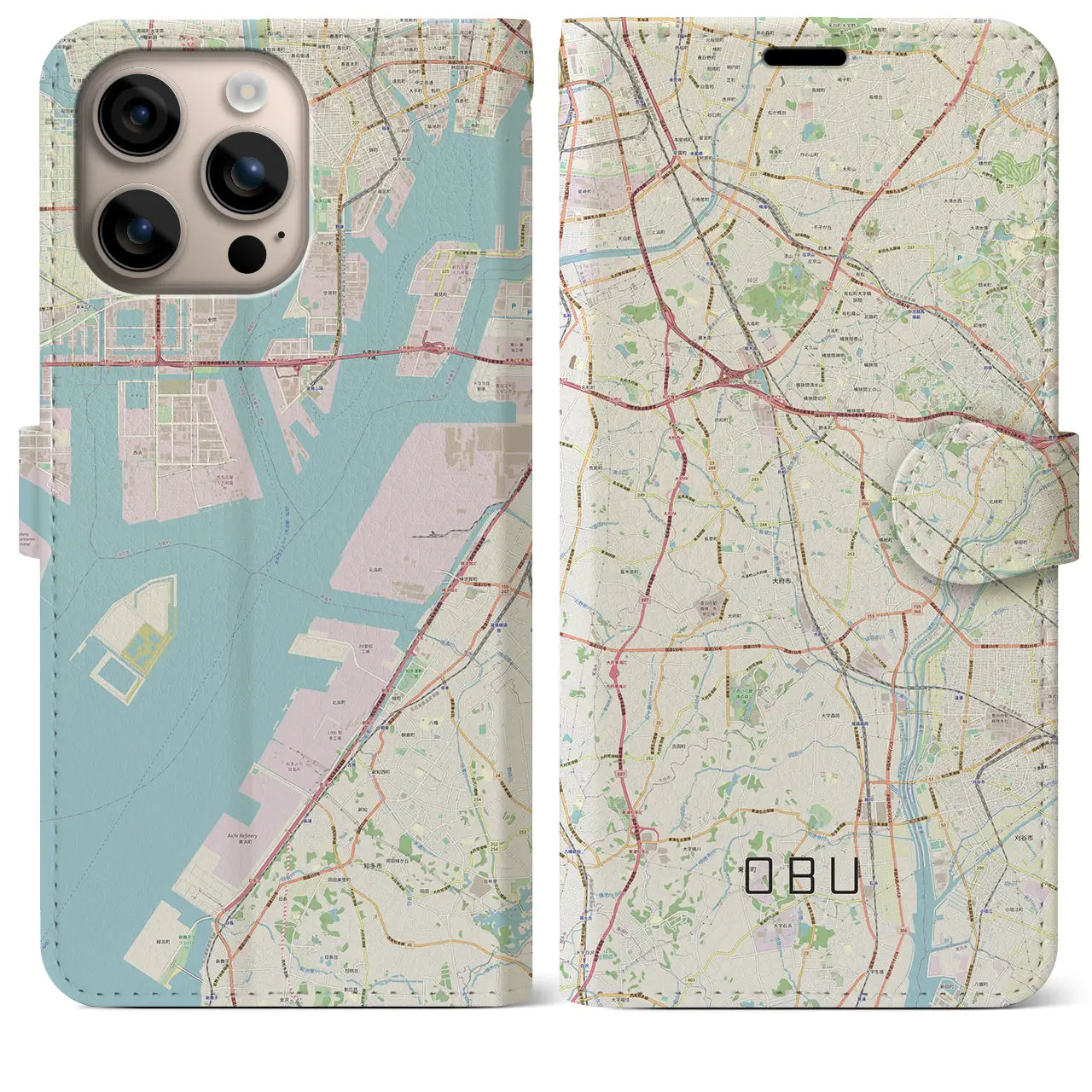 【大府（愛知県）】地図柄iPhoneケース（手帳タイプ）ナチュラル・iPhone 16 Plus 用