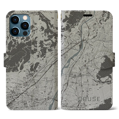 【小布施（長野県）】地図柄iPhoneケース（手帳タイプ）モノトーン・iPhone 12 / 12 Pro 用