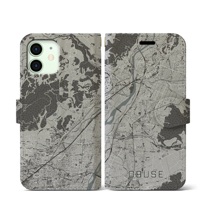 【小布施（長野県）】地図柄iPhoneケース（手帳タイプ）モノトーン・iPhone 12 mini 用