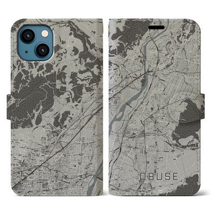 【小布施（長野県）】地図柄iPhoneケース（手帳タイプ）モノトーン・iPhone 13 用