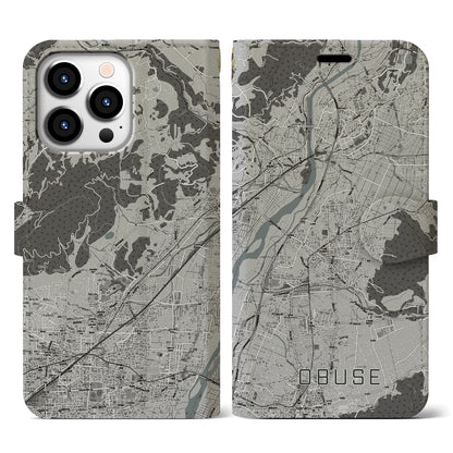 【小布施（長野県）】地図柄iPhoneケース（手帳タイプ）モノトーン・iPhone 13 Pro 用