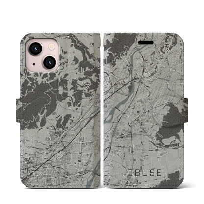 【小布施（長野県）】地図柄iPhoneケース（手帳タイプ）モノトーン・iPhone 13 mini 用