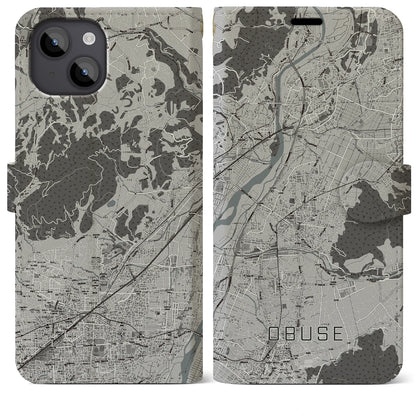 【小布施（長野県）】地図柄iPhoneケース（手帳タイプ）モノトーン・iPhone 14 Plus 用