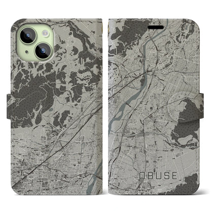 【小布施（長野県）】地図柄iPhoneケース（手帳タイプ）モノトーン・iPhone 15 用