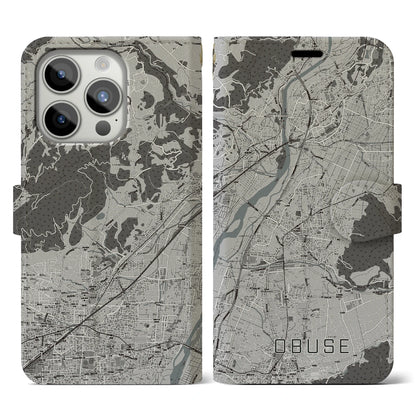 【小布施（長野県）】地図柄iPhoneケース（手帳タイプ）モノトーン・iPhone 15 Pro 用