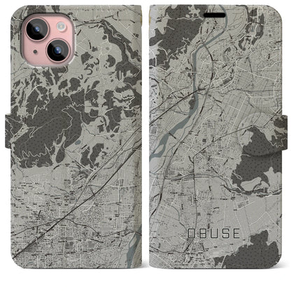 【小布施（長野県）】地図柄iPhoneケース（手帳タイプ）モノトーン・iPhone 15 Plus 用