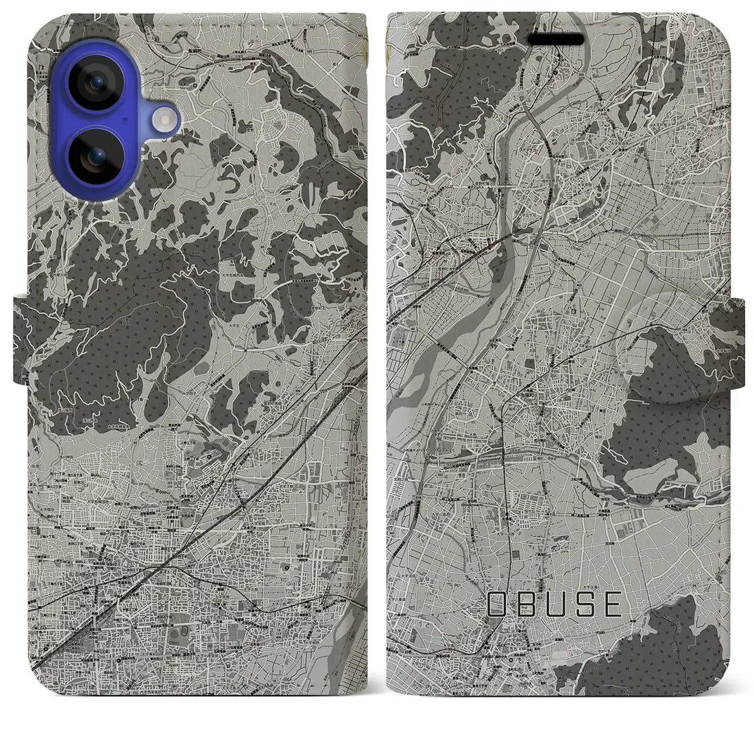 【小布施(長野県)】地図柄iPhoneケース(手帳タイプ)モノトーン・iPhone 16 Pro Max 用