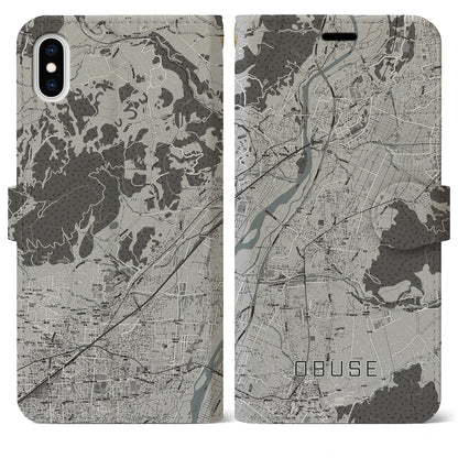 【小布施（長野県）】地図柄iPhoneケース（手帳タイプ）モノトーン・iPhone XS Max 用