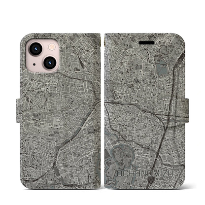 【御茶ノ水（東京都）】地図柄iPhoneケース（手帳タイプ）モノトーン・iPhone 13 mini 用