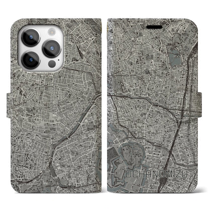 【御茶ノ水（東京都）】地図柄iPhoneケース（手帳タイプ）モノトーン・iPhone 14 Pro 用