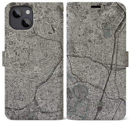 【御茶ノ水（東京都）】地図柄iPhoneケース（手帳タイプ）モノトーン・iPhone 14 Plus 用