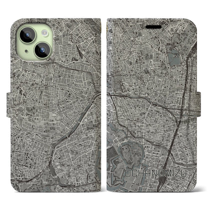 【御茶ノ水（東京都）】地図柄iPhoneケース（手帳タイプ）モノトーン・iPhone 15 用