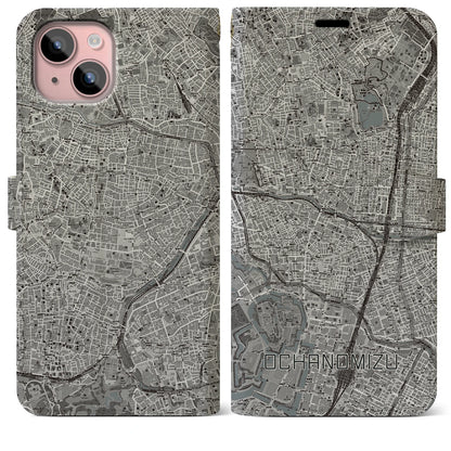 【御茶ノ水（東京都）】地図柄iPhoneケース（手帳タイプ）モノトーン・iPhone 15 Plus 用
