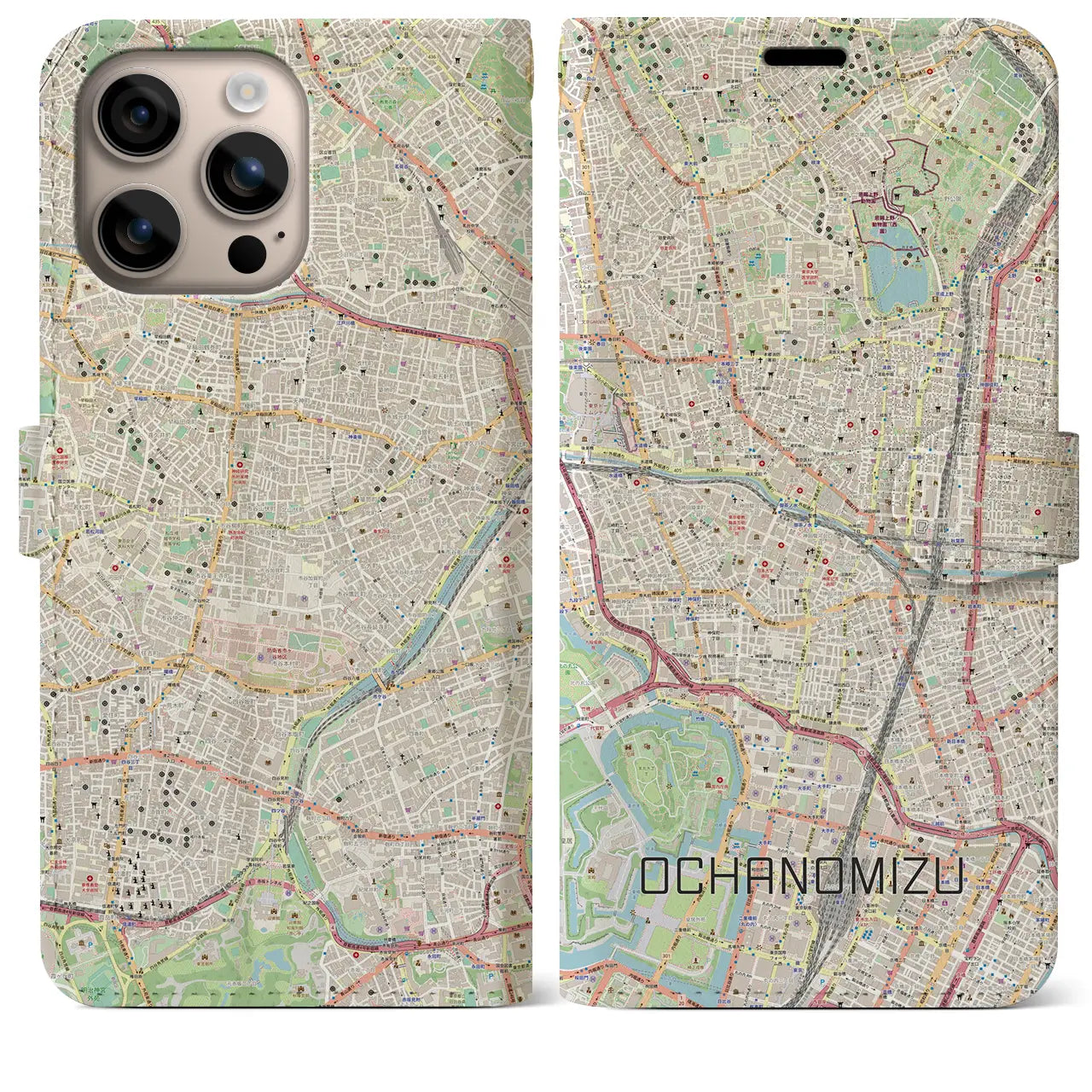 【御茶ノ水（東京都）】地図柄iPhoneケース（手帳タイプ）ナチュラル・iPhone 16 Plus 用