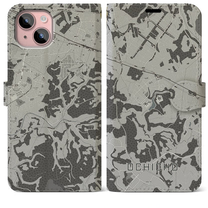 【越智町（千葉県）】地図柄iPhoneケース（手帳タイプ）モノトーン・iPhone 15 Plus 用