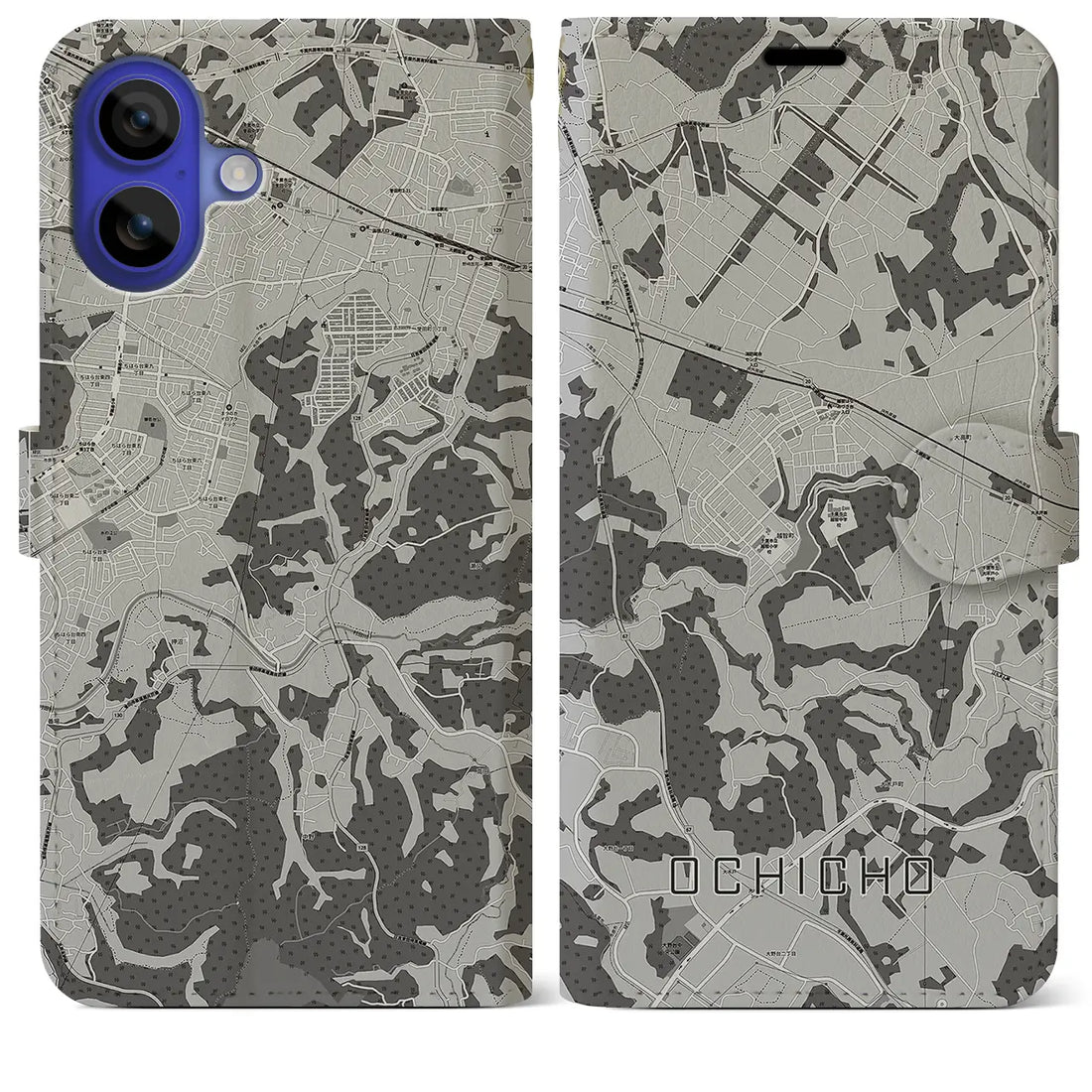 【越智町(千葉県)】地図柄iPhoneケース(手帳タイプ)モノトーン・iPhone 16 Pro Max 用