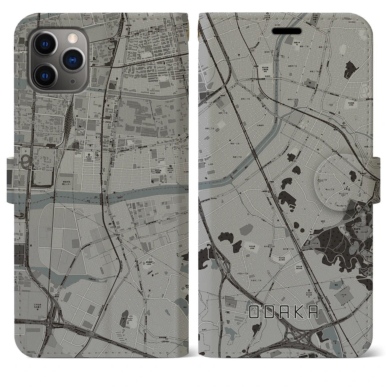 【大高】地図柄iPhoneケース（手帳両面タイプ・モノトーン）iPhone 11 Pro Max 用
