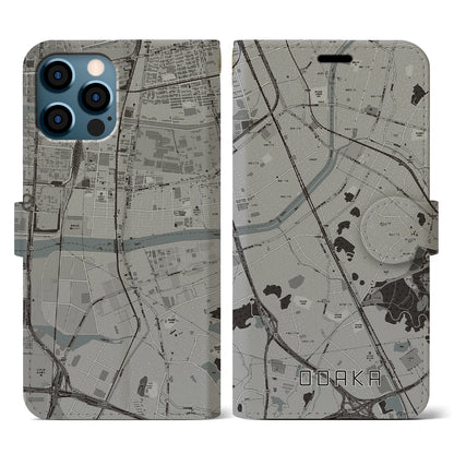 【大高（愛知県）】地図柄iPhoneケース（手帳タイプ）モノトーン・iPhone 12 / 12 Pro 用