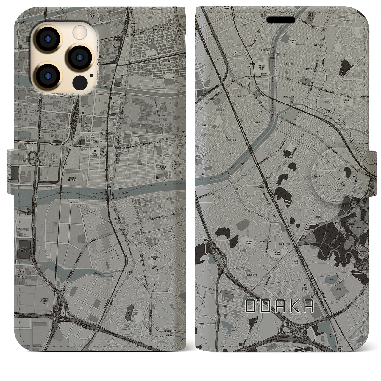 【大高】地図柄iPhoneケース（手帳両面タイプ・モノトーン）iPhone 12 Pro Max 用