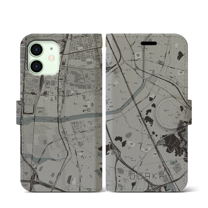 【大高（愛知県）】地図柄iPhoneケース（手帳タイプ）モノトーン・iPhone 12 mini 用