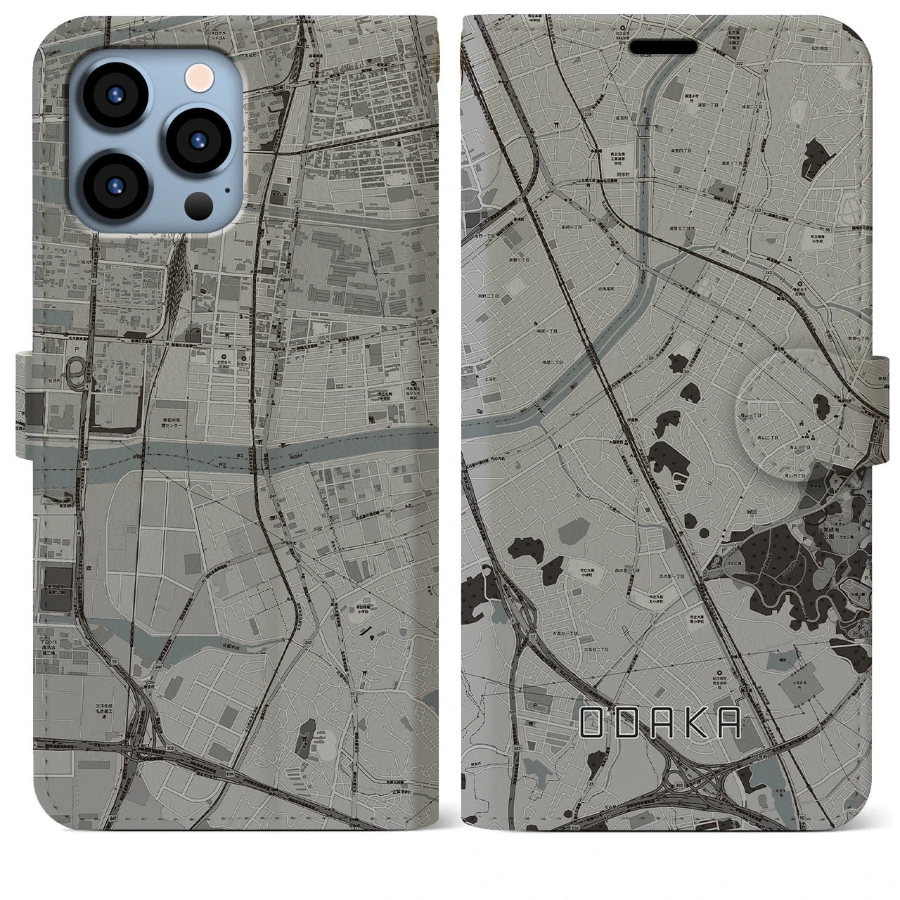 【大高】地図柄iPhoneケース（手帳両面タイプ・モノトーン）iPhone 13 Pro Max 用