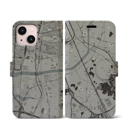 【大高（愛知県）】地図柄iPhoneケース（手帳タイプ）モノトーン・iPhone 13 mini 用