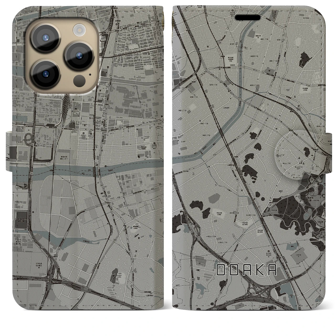 【大高】地図柄iPhoneケース（手帳両面タイプ・モノトーン）iPhone 14 Pro Max 用