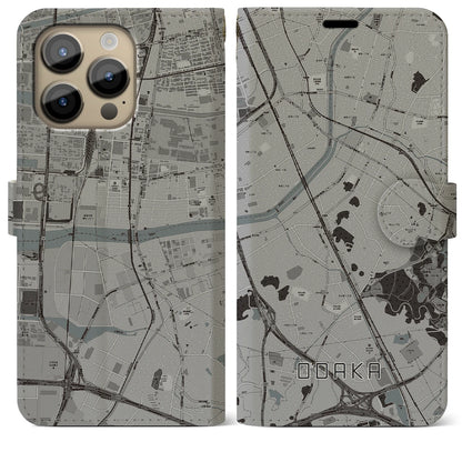 【大高（愛知県）】地図柄iPhoneケース（手帳タイプ）モノトーン・iPhone 14 Pro Max 用