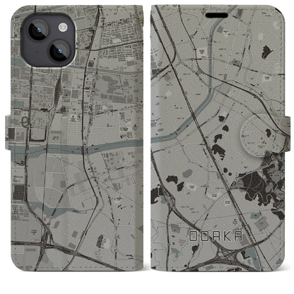 【大高（愛知県）】地図柄iPhoneケース（手帳タイプ）モノトーン・iPhone 14 Plus 用