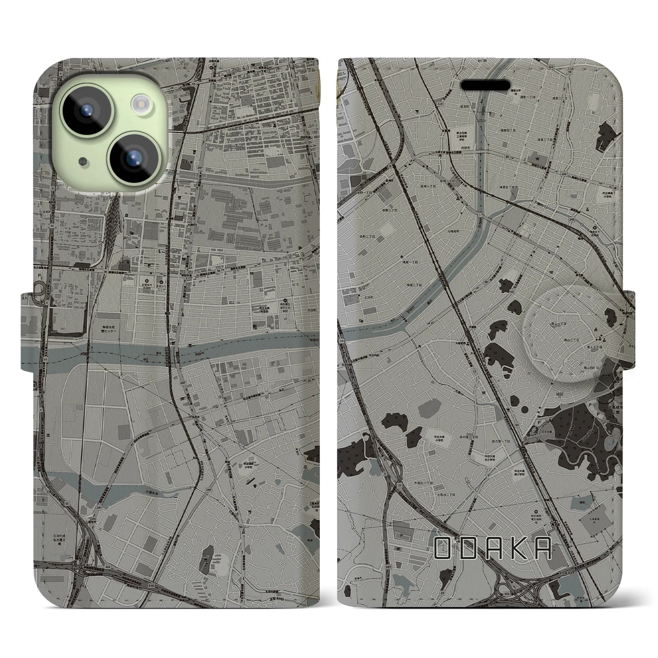 【大高】地図柄iPhoneケース（手帳両面タイプ・モノトーン）iPhone 15 用