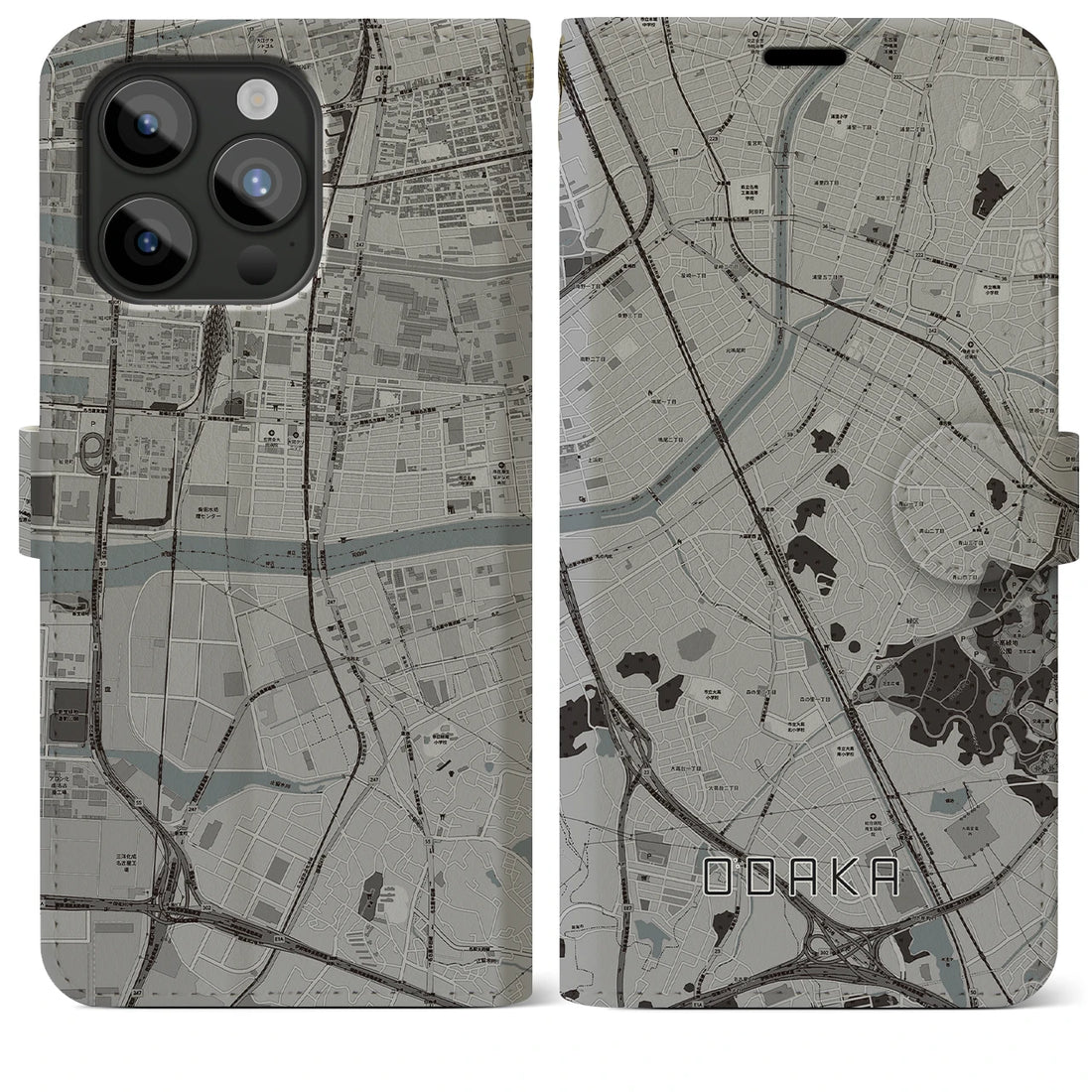 【大高】地図柄iPhoneケース（手帳両面タイプ・モノトーン）iPhone 15 Pro Max 用