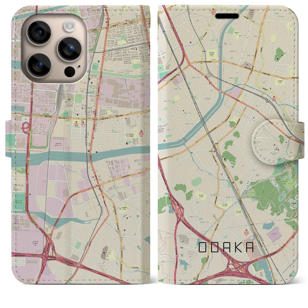 【大高（愛知県）】地図柄iPhoneケース（手帳タイプ）ナチュラル・iPhone 16 Plus 用